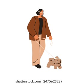 Woman walking cute dog. Outdoor stroll, pet owner holding leash, leading miniature toy puppy. Female character going with companion doggy breed. Flat vector illustration isolated on white background