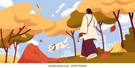 Woman walking with cute funny dog in city park in autumn. Pet owner character and happy doggy, active puppy, canine animal running, strolling outdoors among fall trees. Flat vector illustration