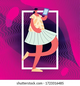 mujer caminando y bailando con diseño de ilustración vectorial de estilo