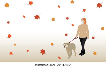 Woman walking with a dog in autumn nature. Wearing face masks becoming the new normal. Banner with copy space. Flat cartoon vector illustration