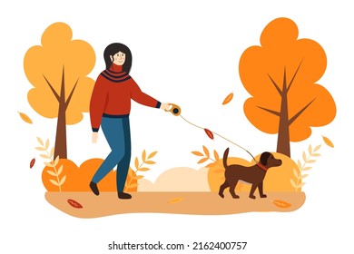 Woman walking with dog in autumn park isolated on white background. Flat style vector illustration. Domestic animal care concept