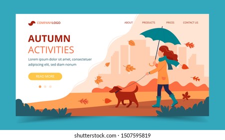 Woman walking a dog in autumn with umbrella. Landing page template. Cute vector illustration in flat style.