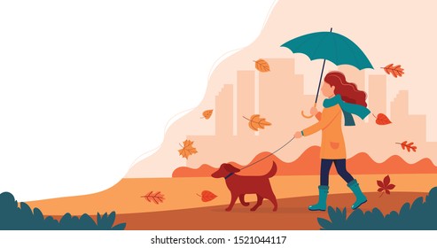 Woman walking a dog in autumn with umbrella. Cute vector illustration in flat style.