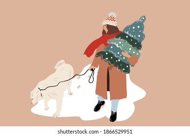 Woman walking with a dog and carrying Christmas tree outdooors, preparing for the New Year holidays. Vector illustration in flat cartoon style