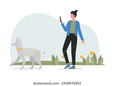 Woman walking with dog in city park, female pet owner holding mobile phone vector illustration