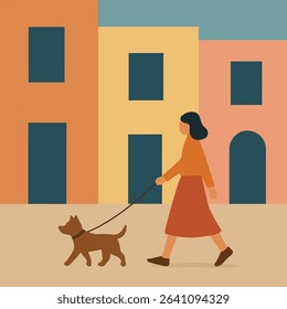 Woman Walking Dog in Colorful Cityscape Illustration