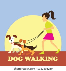 woman walking with a dog for dog walking concept. vector illustration