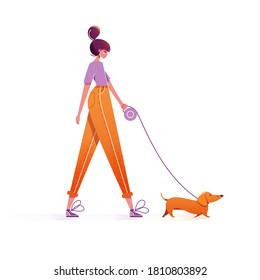 Mujer caminando con perro. Caracter de niña lindo caminando con dachshund sobre correa al aire libre. Pasar tiempo libre con el concepto de mascota. Dibujo vectorial colorido de dibujos animados, estilo plano moderno, aislado en blanco