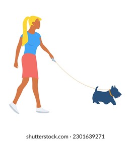 Woman walking the dog. Cute girl character walking with Scottish-Terrier on leash outdoor. Leisure time spending with pet concept. Colorful flat vector illustration, isolated on white background.