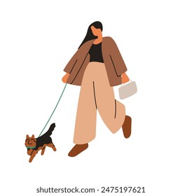 Woman walking dog. Cute puppy on leash and pet owner strolling on street. Female character in modern urban outfit leading pup, tiny doggy. Flat vector illustration isolated on white background