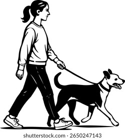 Mulher passeando cachorro. Filhote bonito na coleira e dono de animais passeando na rua.Pet Companion Vetor Illustration isolado no fundo branco.