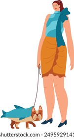 Woman walking dog dressed shark costume. Stylish lady blue top, orange skirt, scarf, heels walks bulldog costume. Vector illustration dog costume, pet fashion