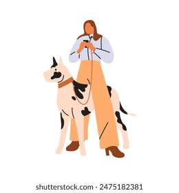 Woman walking dog. Female pet owner holding leash of big tall doggy breed and mobile phone. Lady and large canine companion, puppy outdoors. Flat vector illustration isolated on white background