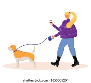 Woman walking dog flat color vector faceless character. Caucasian girl with coffee to go. Lady with drink and pet. Female with dog on leash. Weekend stroll isolated cartoon illustration