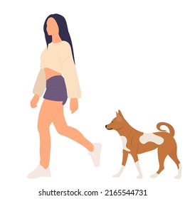 woman walking with dog in flat design, isolated vector