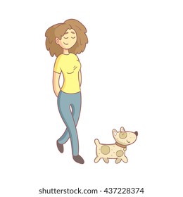 Woman Walking The Dog Flat Outlined Pale Color Funny Hand Drawn Vector Illustration Isolated On White Background