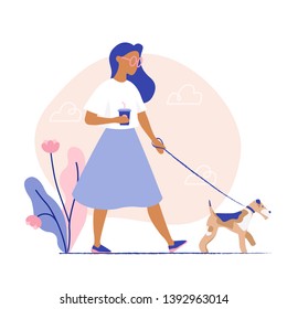 Woman Walking The Dog. Flat Vector Illustration.