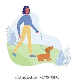 Woman Walking with Dog Flat Vector Illustration. Girl and Pet Strolling in Recreational Park Character. Cute Funny Sausage Dog on Leash. Domestic Animal and Owner Spending Time Outdoor