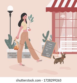 Woman walking a dog flat vector illustration. Zero waste, pet, dog friendly, parkland, cafe, bench, cute, cozy, friendship, domestic, cartoon isolated scene. Big city lifestyle. Cozy cartoon art.