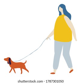 Woman Walking With Dog  Flat Vector