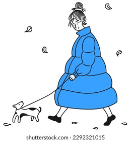 Woman walking dog flat vector illustration