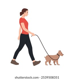 Woman walking with a dog. Flat vector illustration isolated on white background