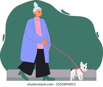 Woman walking a dog. French bulldog. Flar vector illustration.