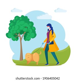 Woman is walking with dog. Happy girl in medical mask play with pet. Puppy on a leash isolated on background. Quarantine rules. Vector cartoon design