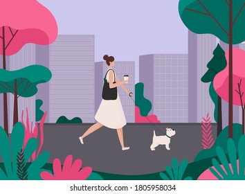 Woman walking a dog. Healthy active lifestyle colorful characters vector.