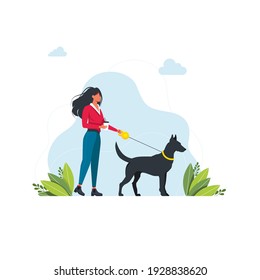 Una mujer camina con un perro. Aislado sobre fondo blanco. Una joven está caminando con un perro grande sobre una correa. Caracter de niña lindo caminando con un perro corredizo al aire libre. Ilustración del vector