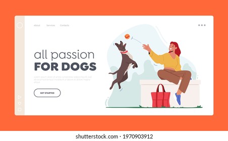Woman Walking with Dog Landing Page Template. Female Character Playing Ball with Pet Spending Time at Summertime City Park. Leisure, Communicating with Home Animal in Park. Cartoon Vector Illustration