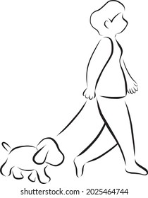 A Woman Is Walking The Dog. Line Art Work.