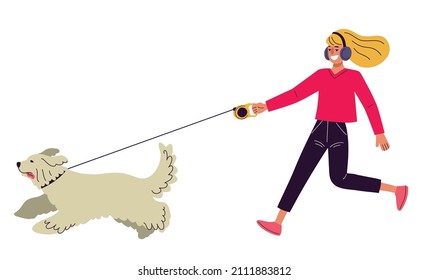 Woman walking with dog and listening music in headphones, walk in a park with pets, illustration in flat style