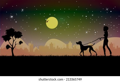 Woman Walking Dog The Night Sky As A Backdrop.