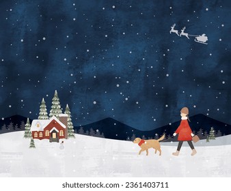 Woman walking dog at night snowy Christmas watercolor