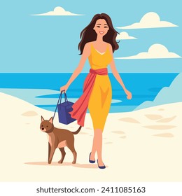 Woman walking with dog on beach, smiling lady in yellow dress carrying shopping bag. Summer leisure with pet, relaxing seaside stroll vector illustration.