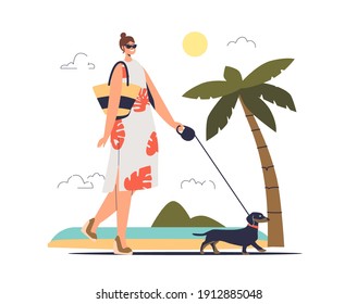 Mujer caminando con perro corredizo en la calle de verano sobre el fondo de la palmera. Caricatura de personaje femenino caminando con dachshund cuando hace calor. Ilustración vectorial plana