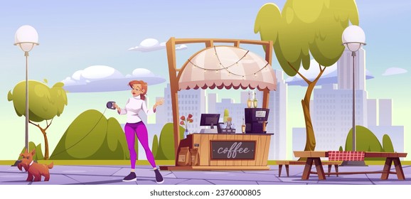 Woman walking dog on leash near coffee shop in summer city park. Vector cartoon illustration of female character with pet in public garden, small outdoor cafe, street lanterns, cityscape background