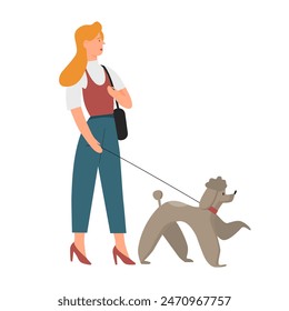 Woman walking with dog on leash, girl and puppy on walk vector illustration