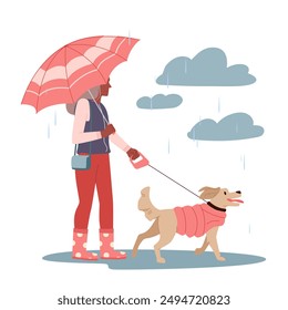 Woman walking dog on leash in rain and cloudy weather. Female character in casual jacket and funny boots holding umbrella, girl with parasol and puppy in costume walk cartoon vector illustration