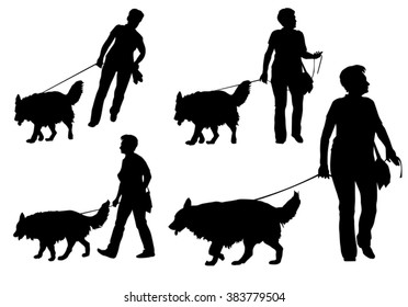 A woman walking with a dog on a leash. Silhouette on a white background.