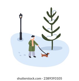 Woman walking with dog on winter holiday. Old senior lady strolling outdoors, leading cute puppy on leash in nature, snow cold weather, frost. Flat vector illustration isolated on white background