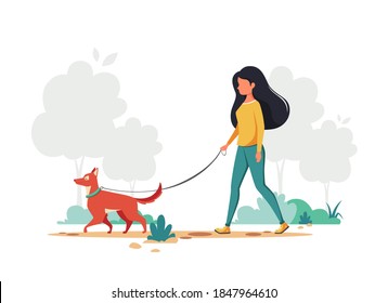 Woman walking with dog. Outdoor activity concept. Vector illustration.