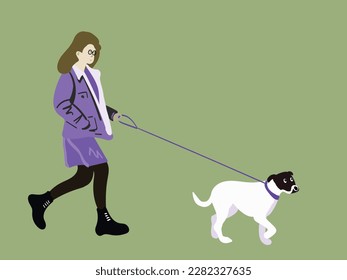 Woman is walking with dog, outdoor activity concept. Vector flat illustration.