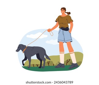 Woman walking with dog outdoor. Vector illustration of pet and owner stroll. Outside walk with doggy on leash. Walker with domestic canine animal. Active lifestyle with puppy. Cartoon clipart