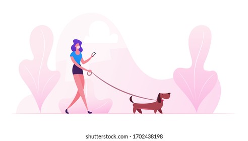 Woman Walking with Dog Outdoors at Covid 19 Quarantine. Female Character Spending Time with Dachshund Pet in Park Relaxing, Leisure with Puppy, Communicating with Animal. Cartoon Vector Illustration