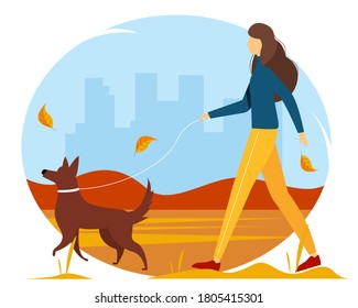 Woman walking with the dog in the Park. Cute vector autumn illustration in flat style.