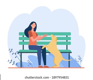 Woman walking dog in park. Girl playing with her pet outside. Flat vector illustration. Domestic animal, dog training, leisure concept for banner, website design or landing web page