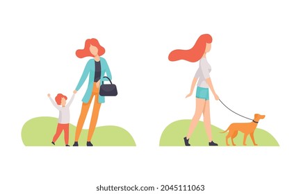 Woman Walking the Dog in the Park and Holding Kid by Hand Vector Set