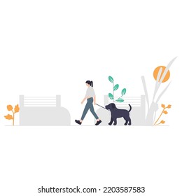 woman walking with dog in the park illustration which is suitable for commercial work and easily modify or edit it

